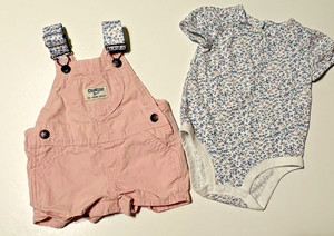 OshKosh Pink Heart Floral Shortall Overalls w/bodysuit Baby girl 3M  2 piece set