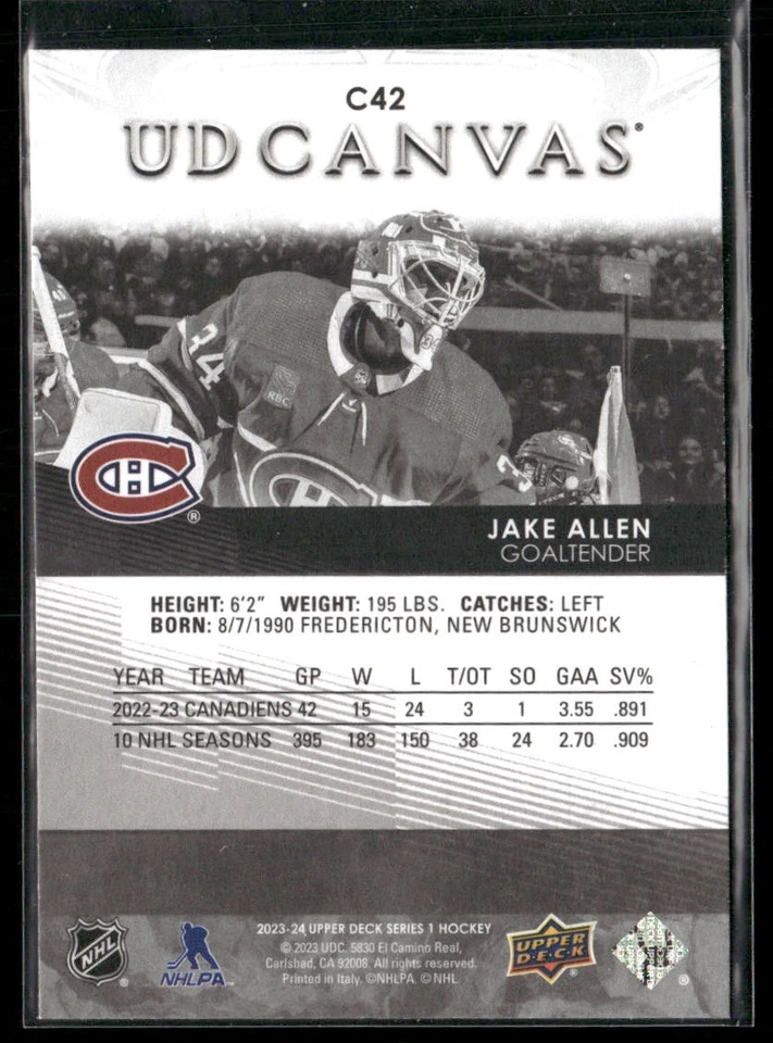 2023-24 Upper Deck Jake Allen UD Canvas Black & White #C42 Montreal Canadiens - Image 2 of 2