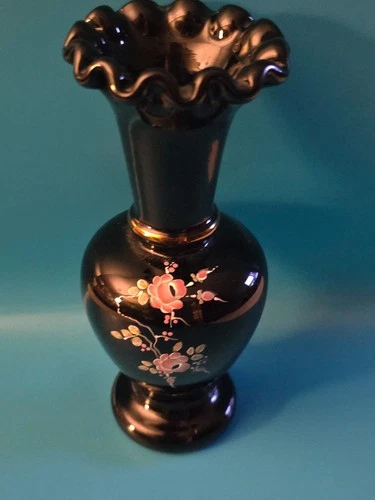 FENTON BLACK MILK GLASS HAND PAINTED AND SIGNED SMALL VASE RUFFLED EDGE