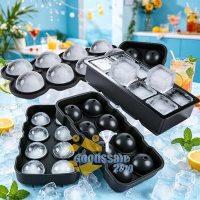 Black Round Silicone Ice Cube Ball Maker Tray 8 Large Sphere Molds Bar Cocktails