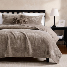 Velvet King Size Quilt Set - Brown Taupe Tan Camel Striped Pick Stitch Soft Ligh