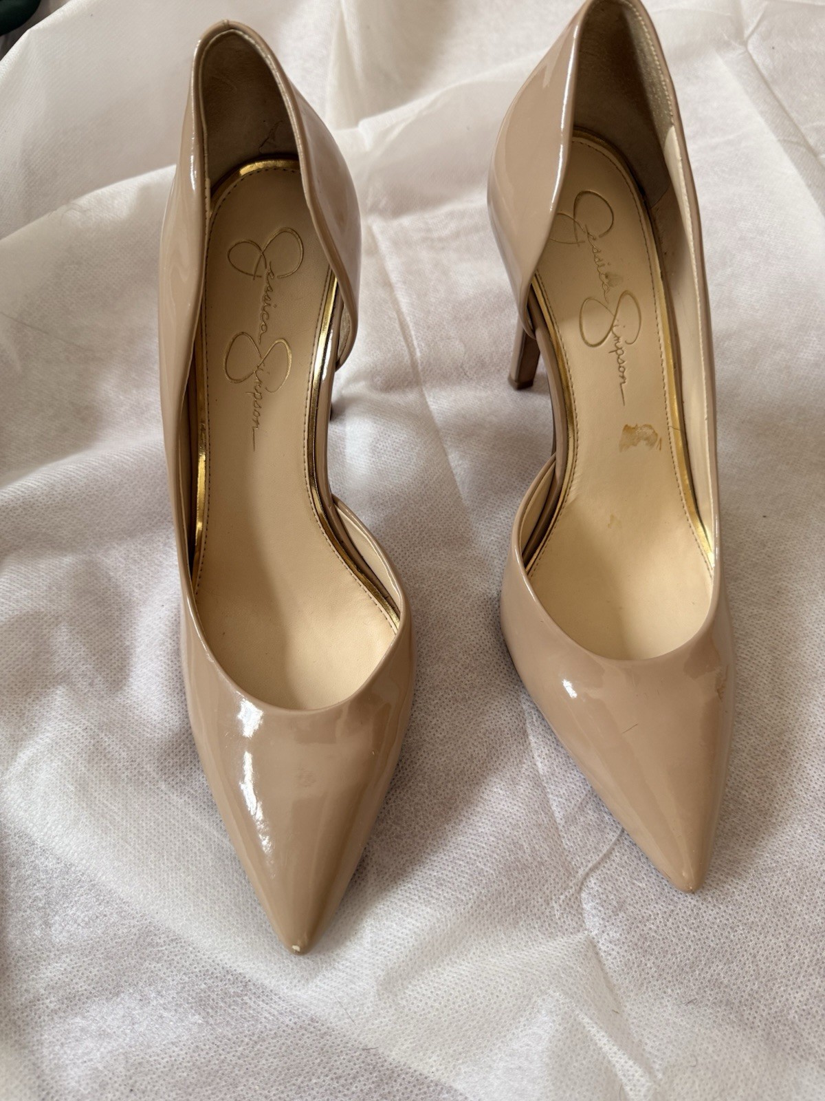 Jessica Simpson Beige Patent Leather Pointed Toe Stiletto Slip On Pumps US 9