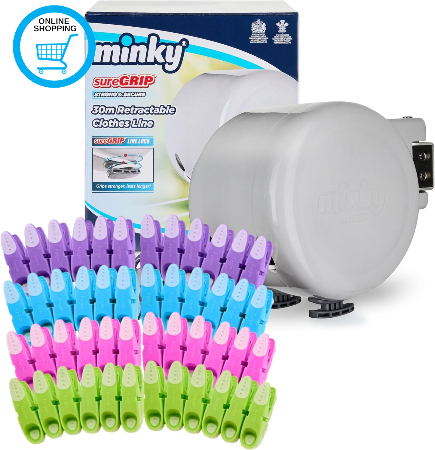 Suregrip 30M Retractable Washing Line + 48 Suregrip Pegs, Wall Mounted Outdoor E