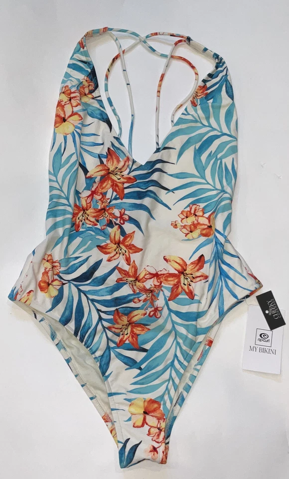 Traje de baño RIP CURL para mujer mediano natural blanco azul floral tropical de una pieza nuevo Foto 3 de 4