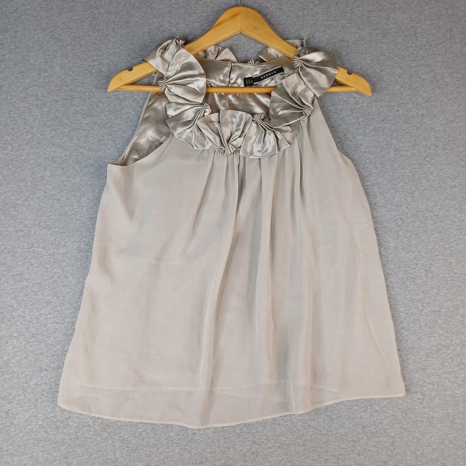 Basque Blouse Womens 10 Grey Ruffle Neck Sleeveless Lined Party Chiffon Top