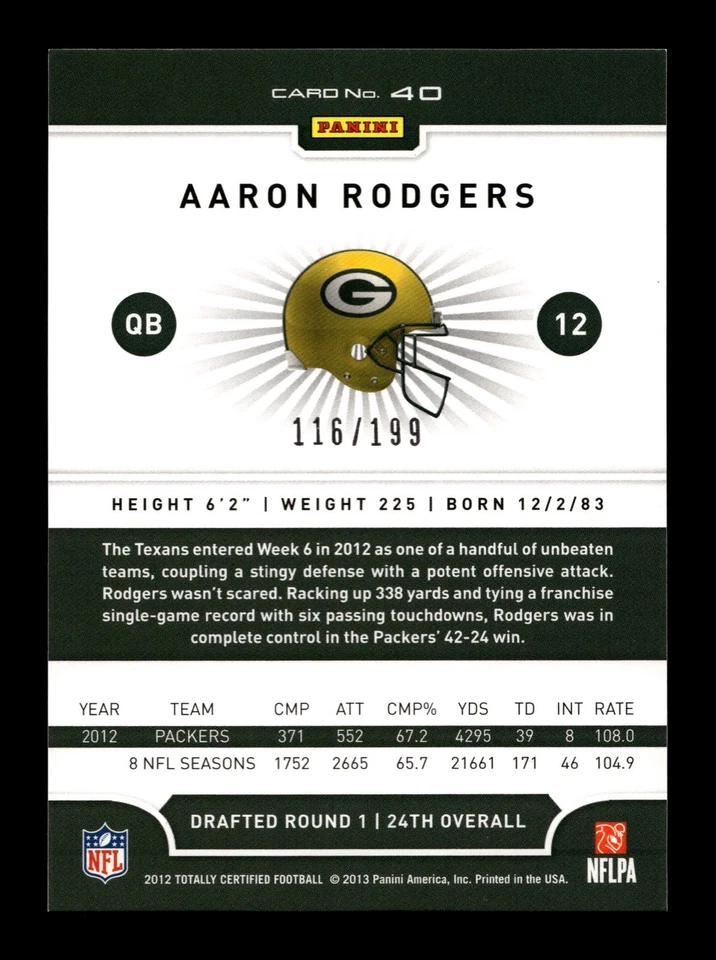 2012 Panini Totally Certified Blue #40 Aaron Rodgers 116/199 PACKERS - Image 2 of 2