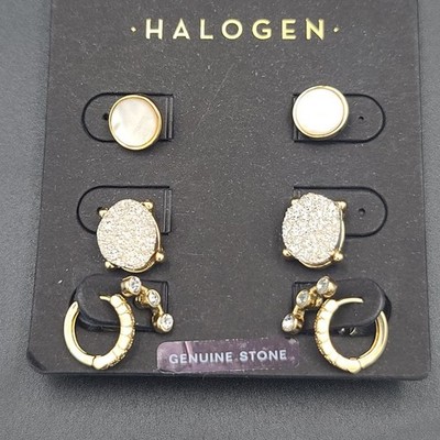 Halogen Set of 4 Earrings Cubic Zirconium Mother of Pearl Studs Hoops