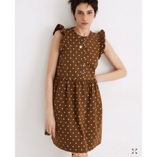 NWT Madewell Cotton Button Front Polka Dot Ruffle Sleeve Mini Dress Olive Tan