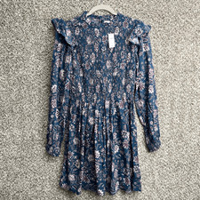 Gap Dress Women’s Small Blue & Pink Floral Print Smocked Ruffle Long Sleeve Mini