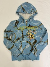 Ed Hardy Christian Audigier Death or Glory Skull Hoodie Blue Zip Up S Y2K VTG