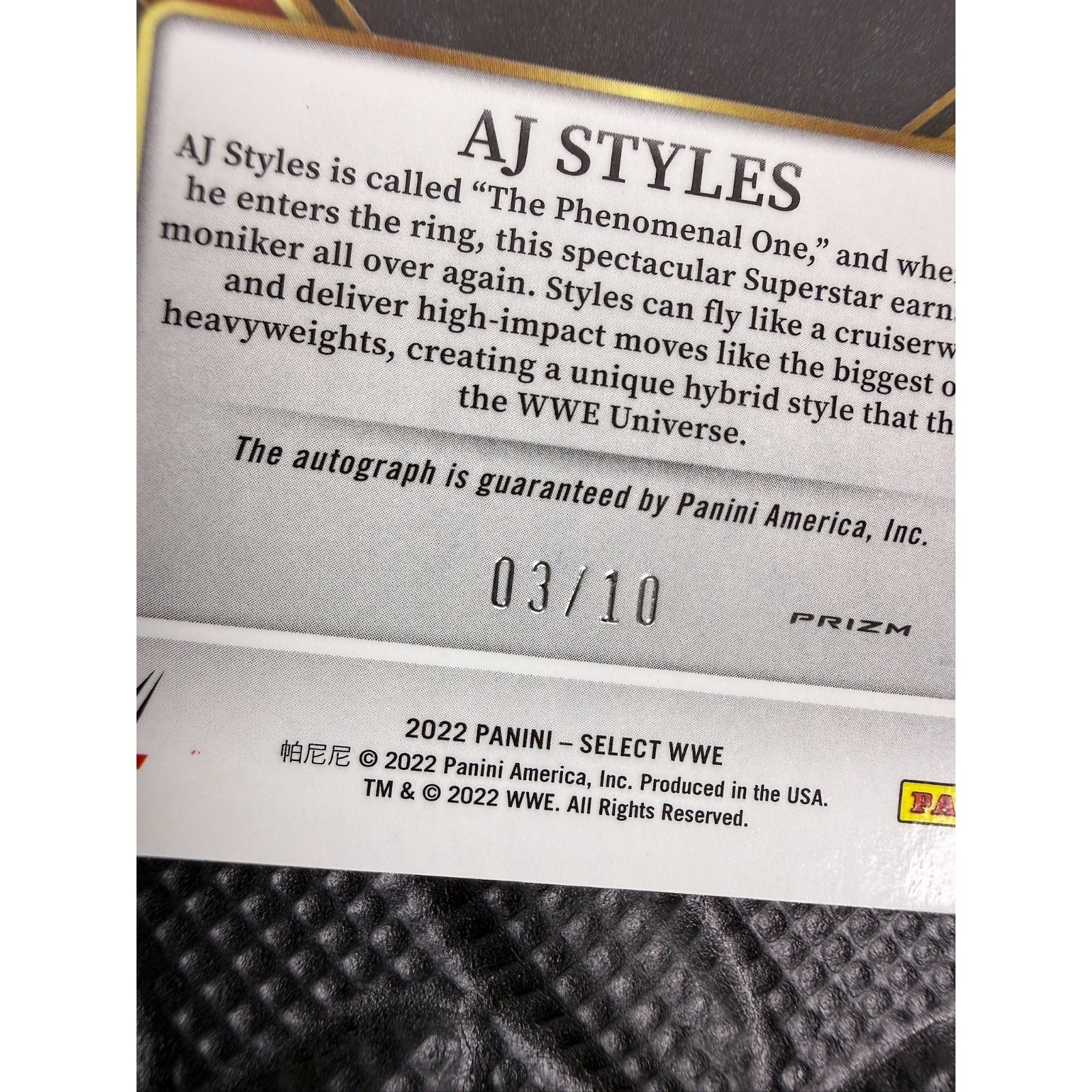 2022 Panini Select WWE AJ Styles True Gold Prizm Signatures /10 #SG-AJS Raw