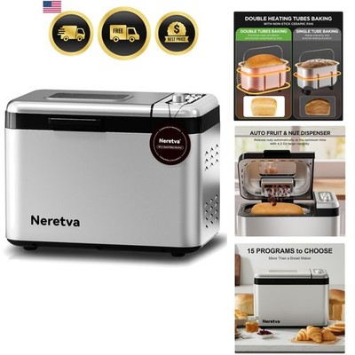 Bread Maker, 3.3LB Larger Bread Machine 15-in-1 Stainless Steel & Nonstick Ce...