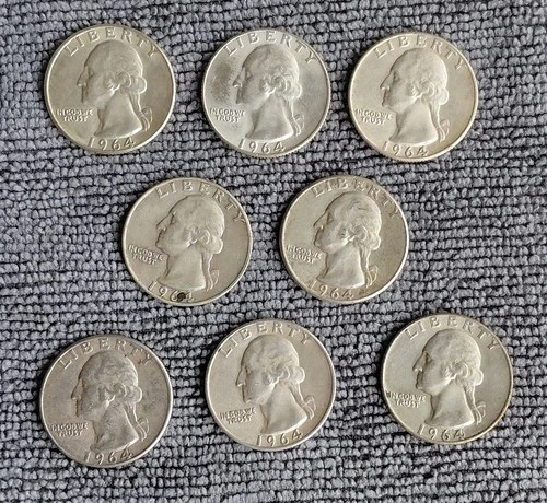 Lot of 8 circulated 90% Silver 1964 Washington Quarters