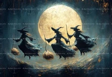 WITCHES FLYING COVEN ART PRINT, Gothic Poster, Witchy Moon Pagan Witch D924