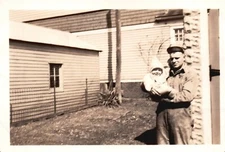 VINTAGE PHOTO 1940's B & W 2 3/4" x 2 1/2" DAD STANDING w/ BABY in YARD