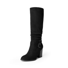Women Knee High Boots Slouchy Chunky Heel Buckle Side Zipper Boots
