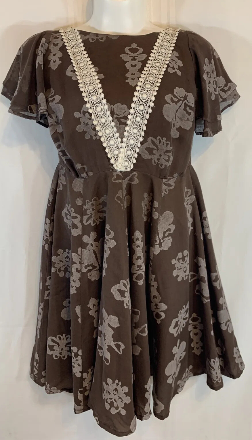 Vintage Square Dance Dress Brown Print Full Skirt Size 14* Crochet Trim Handmade