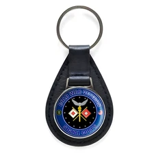 Cold War Veteran Signal Corps Black Leather Keychain Silver Keyring Military 
