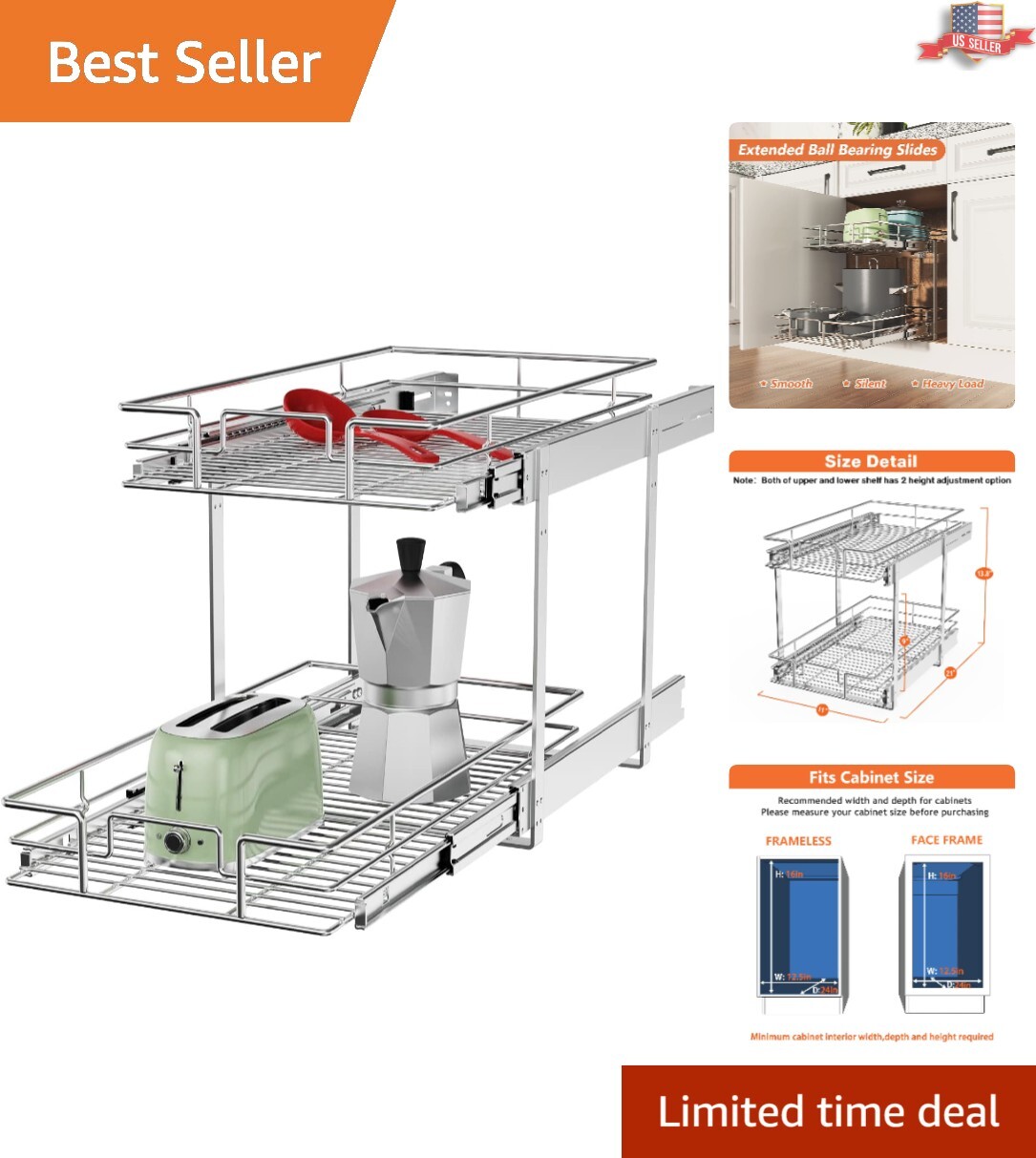 Space-Saving Strong Sturdy Pull Out Cabinet Organizer - Kitchen Bathroom Storage