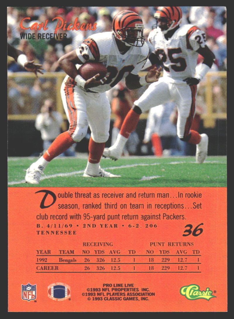 Carl Pickens #36 1993 Pro Line Live Cincinnati Bengals