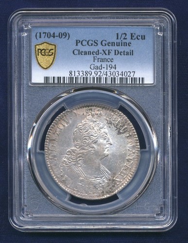 FRANCE LOUIS XIV (1704-09) 1/2 ECU SILVER COIN, PCGS CERTIFIED "XF DETAIL"