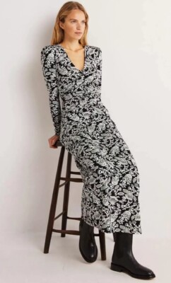 Boden Jersey Floral Ruched V-Neck MIDI Dress Size US 8P