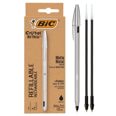 BIC Aluminum Body Refillable Cristal Re'new Ball Point Pen 1.0mm with 2 Refills