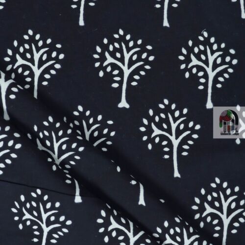 Indian Hand Block Black Floral Cotton Fabric Natural Print Sanganeri 1 Yard - Picture 3 of 5