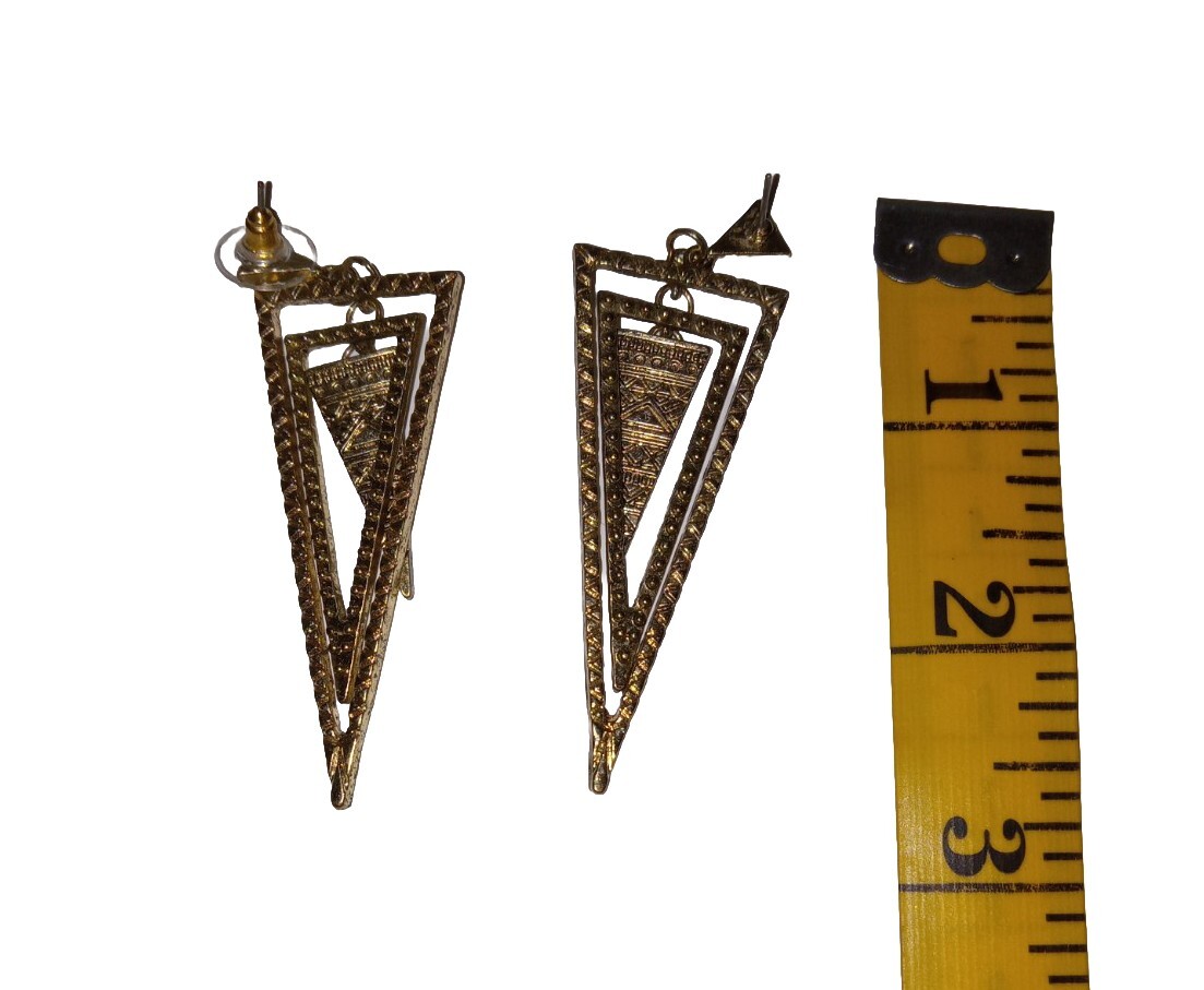 Vintage Dangle Earrings Triangular Triple Gold To… - image 2
