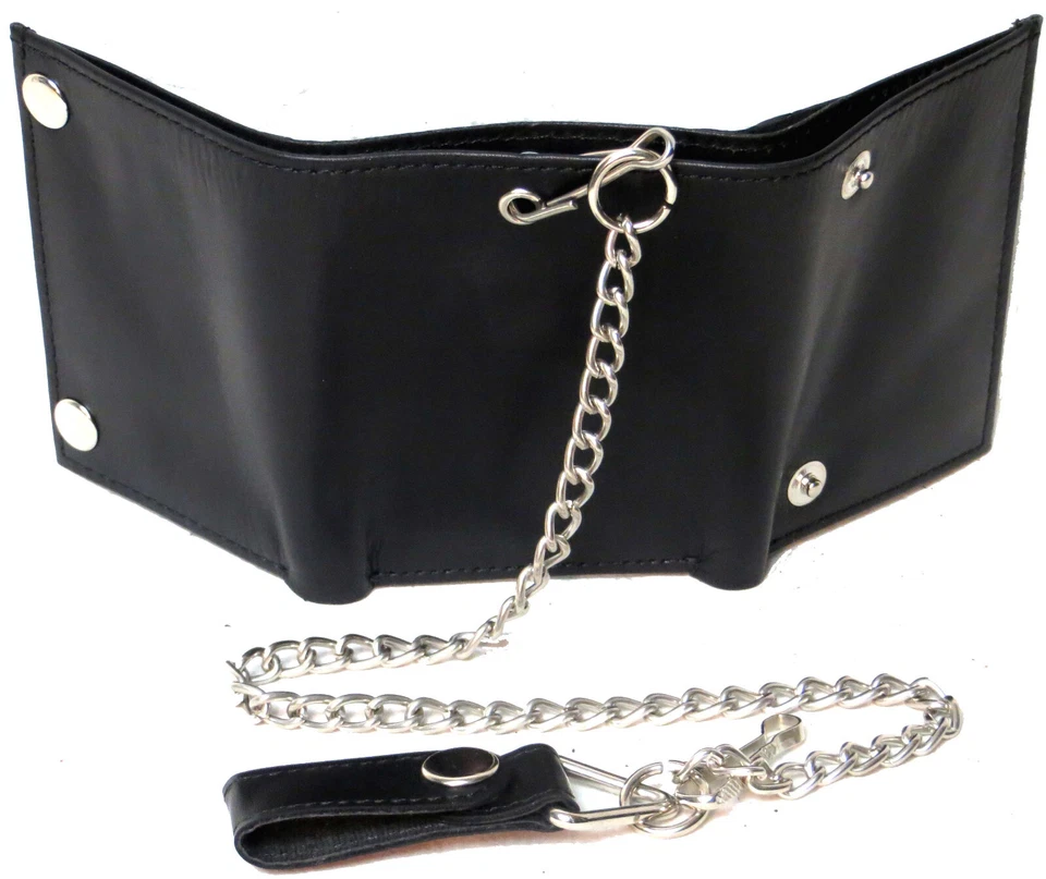 Cartera de motociclista/camionero de cuero de vaca genuino triple para hombre negra #4675 Foto 2 de 4