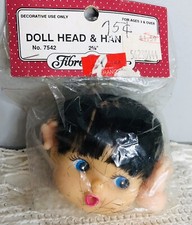 VTG Fibre Craft Doll Head Hands 2.5  Brown Hair Brunette Open Mouth Kitsch 7542