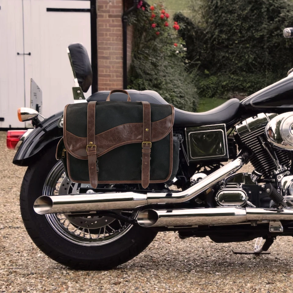Universal Motorcycle Saddlebags Canvas Leather Side Bags For Harley Honda Suzuki Foto 2 de 4