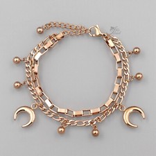 Women Stainless Steel Charms Bangle Chain Bracelet Moon Rose Gold Plated 20163