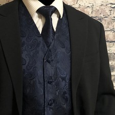 NAVY BLUE XS to 6XL Paisley Tuxedo Suit Dress Vest Waistcoat  Neck tie wedding