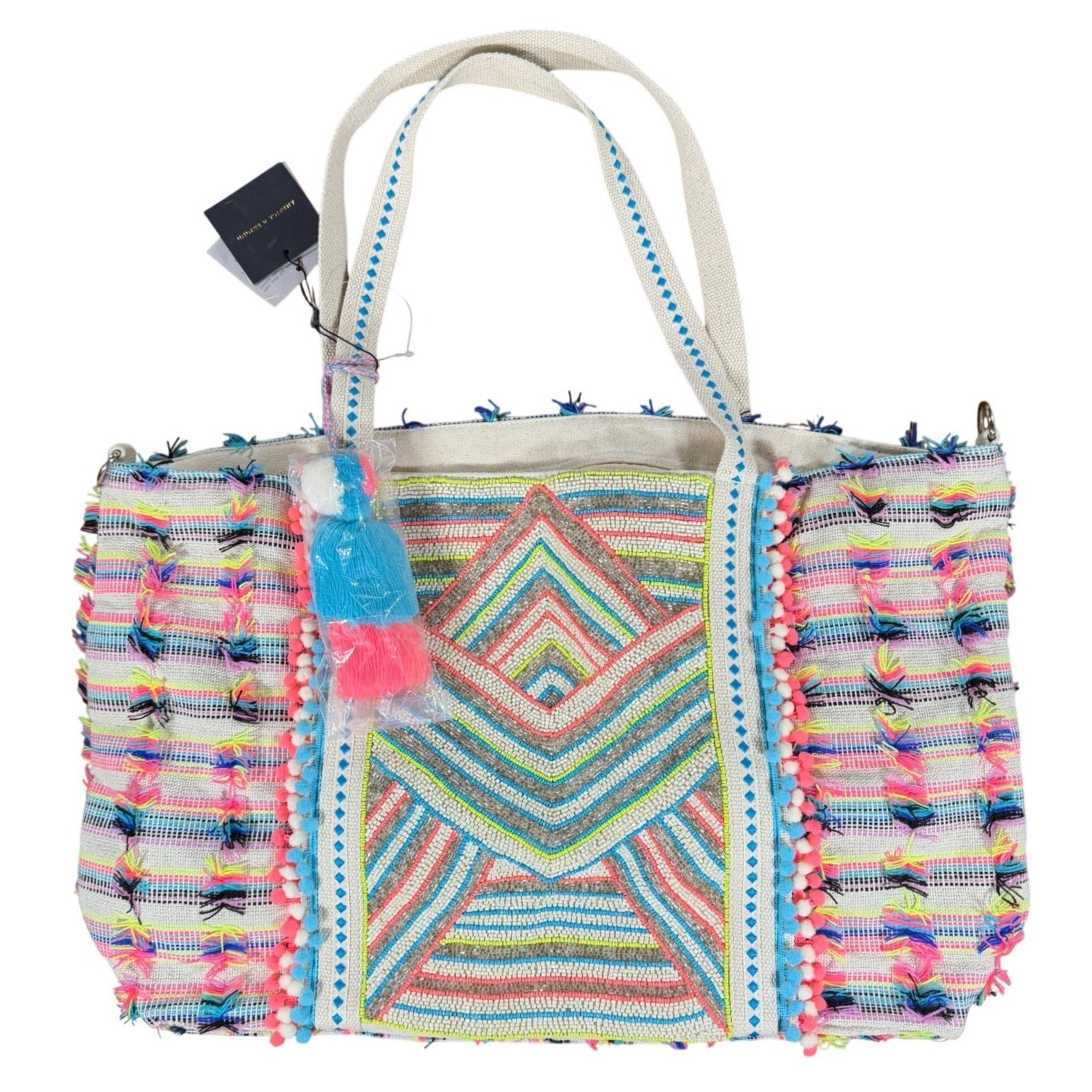 NEW America & Beyond Neon Lights Beaded Boho Tote Bag Beach Vacation Tribal