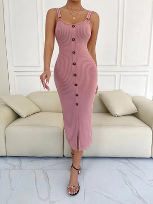 Women Ribbed Bodycon Dress Summer Party Clubwear Front Slit Dress Strappy Party