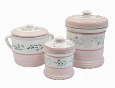 3-pcs Caleca Pink Garland (2) Canisters Lids 7.5", 4.5" and 6" Bean Pot with Lid