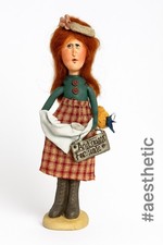 Primitive Folk Art Doll Antiques For Sale Sign Rustic Red Dress 11” Handmade