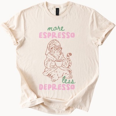 Cozy Cat Graphic Tee More Espresso Less Depresso Funny Coffee Lover Shirt