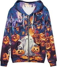 Halloween Ghost Pumpkin Haunted House Hoodie Zip Up 3D Print Unisex