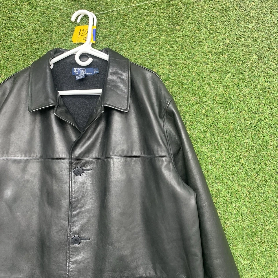 Винтажная мужская кожаная куртка Polo Ralph Lauren XL шерстяная с подкладкой на пуговицах со сборками 90-е - Изображение 3 из 4