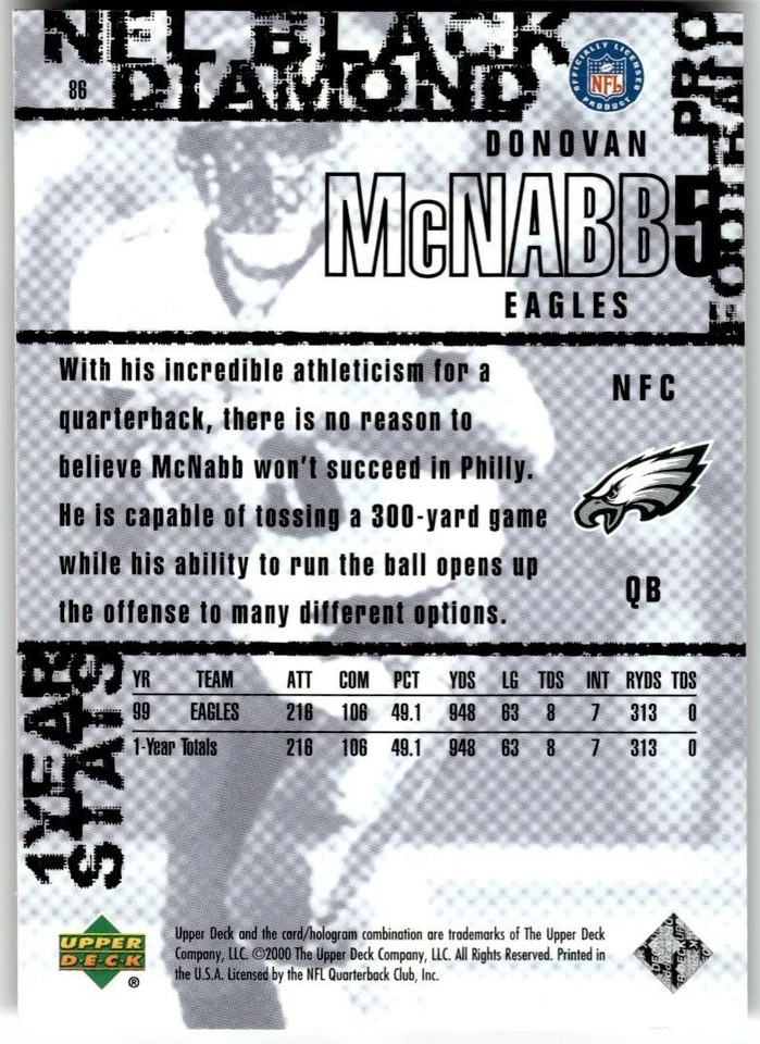 2000 Upper Deck Black Diamond #86 Donovan McNabb - Image 2 of 2