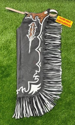 Handmade Black Leather Rodeo Chaps Western Cowboy Bull Riding Fringe Chaps