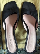 LOUIS VUITTON satin LV Monogram Open Toe Heel Sandals Mules Pumps Women 36 1/2