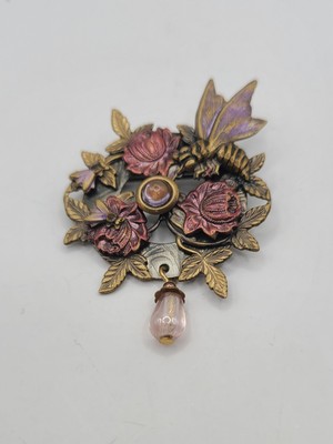 Vtg Brass Silver Forest Glass Amethyst Pink Floral Butterfly 1.5'' Pin Brooch 