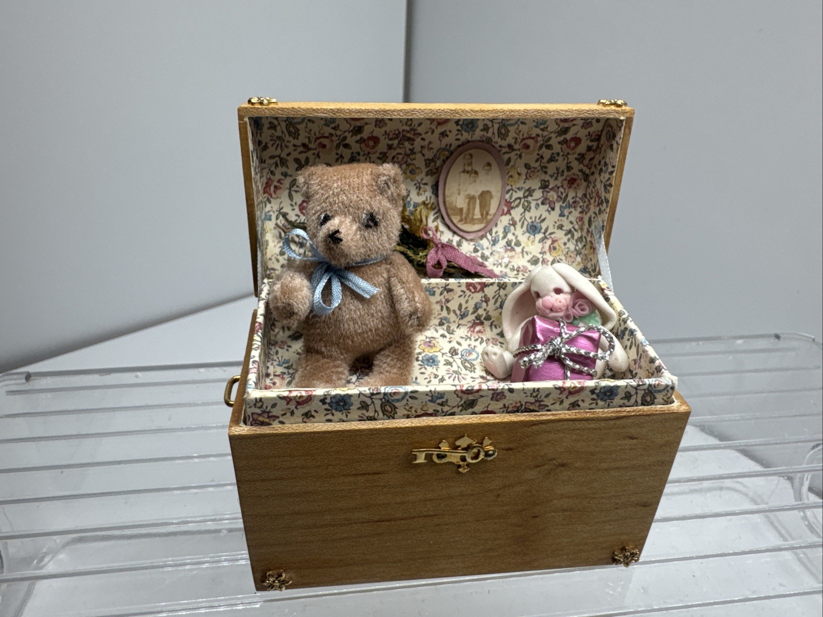 Vtg Artisan-made Miniature Wooden Trunk Toy Chest Flock Teddy Bear Bunny Lot