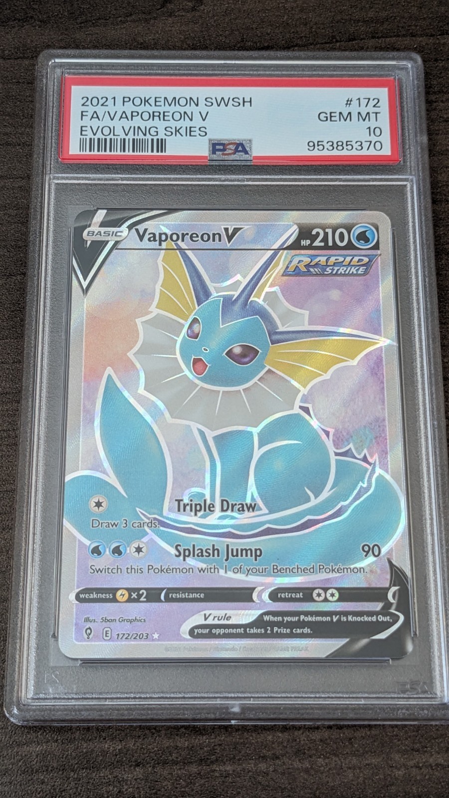 VAPOREON V 2021 Pokemon #172/203 PSA 10 GEM-MINT Evolving Skies FULL ART Graded!