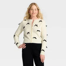 Women's Long Sleeve Party Cardigan Sweater - A New Day Cream/Black XS