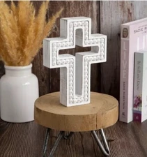 Distressed White*Beaded Wood Cross* Standing*Table top*Decor*Farmhouse*Shabby