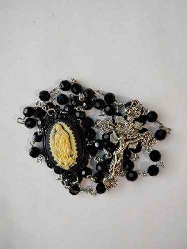 Our Lady of Guadalupe Black Crystal Cameo Rosary Beads Necklace Vintage